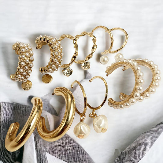 Imperial Jewels(Premium) Combo Of 9 Stunning Gold Plated Pearl Studs and Hoop Earrings