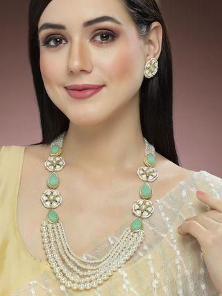 Imperial Jewels(Premium) Beaded Light Green Carved Stone Rani Haar Necklace